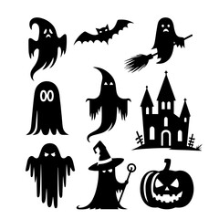 Black and white vector silhouette of ghosts on white background 