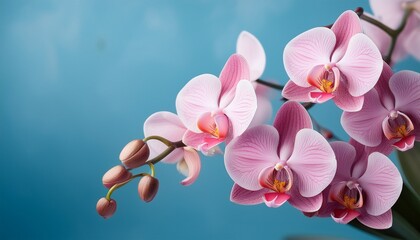 Fototapeta na wymiar vibrant pink orchid blooms against a soft blue background creating a tropical ambiance