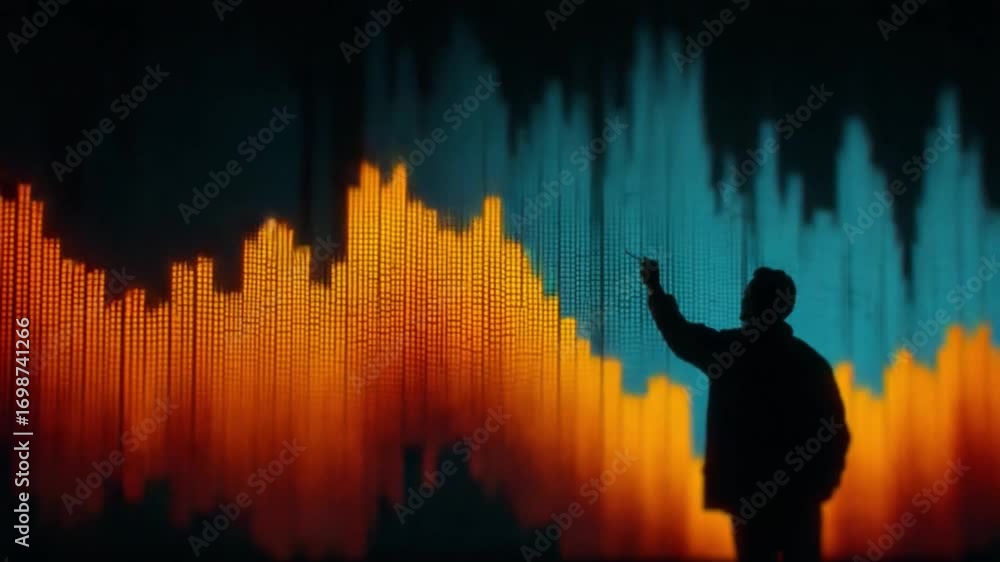 Poster unveiling data dynamics: a silhouette of a business analyst, poised and purposeful, points towards i