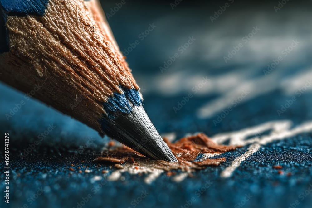 Poster close up of sharpened colored pencil on textured paper with shavings scattered around
