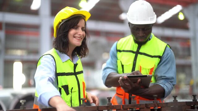 Industrial Collaboration: Two workers, a man and a woman, in yellow and white hard hats and high-visibility vests, collaborate on a project within a factory setting.