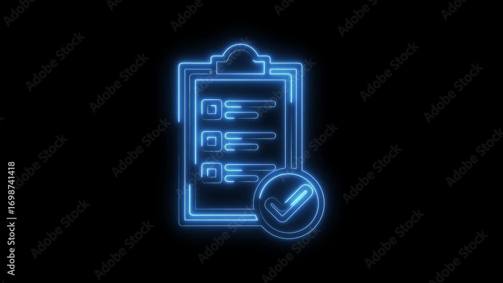 Poster glowing blue checklist icon with check mark represents tasks completion on black background