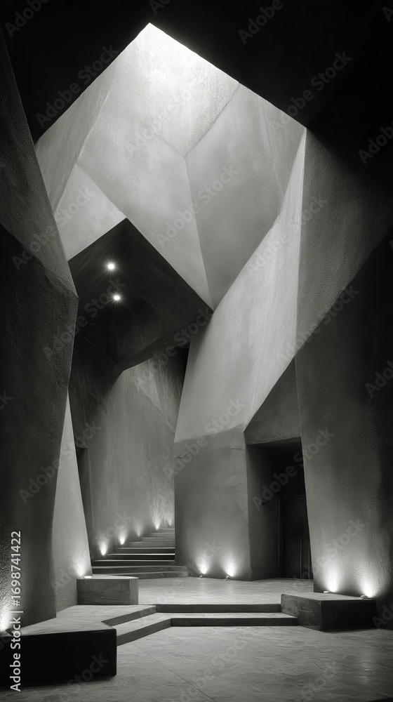 Poster intricate geometric architecture within a softly lit modern space.
