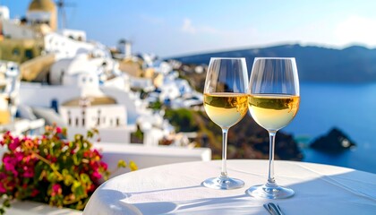 Fototapeta premium Two glasses of white wine sit on a table overlooking the whitewashed buildings and blue sea of Santorini, Greece, under a bright, sunny sky.