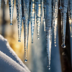 Watercolor close-up of icicles hanging from a branch, reflections shimmering.