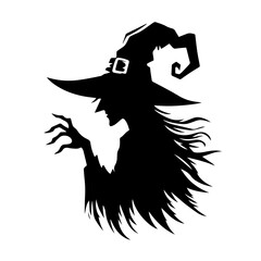 Black and white vector silhouette of witch on white background 