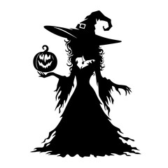 Fototapeta premium Black and white vector silhouette of witch on white background 