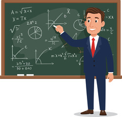 Male math teacher explaining equations on blackboard, cartoon character in classroom teaching algebra, calculus and geometry, vector illustration
