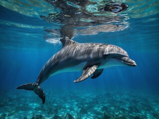 Naklejka premium Playful Dolphin Swimming in Crystal Clear Water