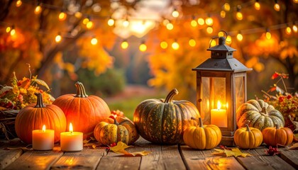 Thanksgiving - Pumpkins On Rustic Table With Candles And String Lights