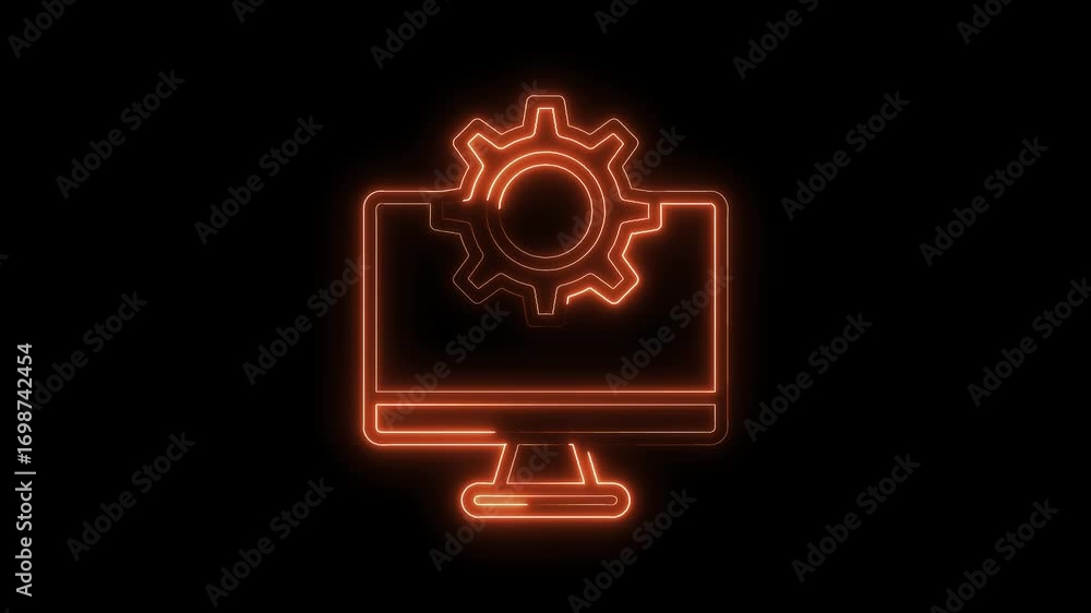 Aufkleber neon computer and gear icon glowing animation for software and technology concept