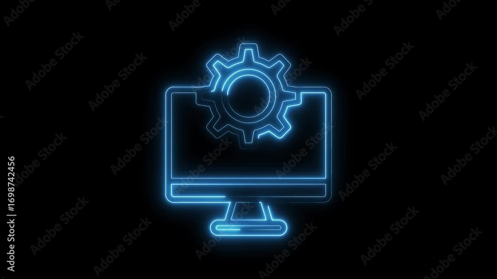 Aufkleber blue neon computer monitor and gear animation symbolizing digital system configuration process