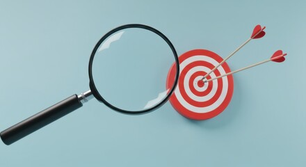 Magnifying glass focusing on a target with arrows representing success and achievement