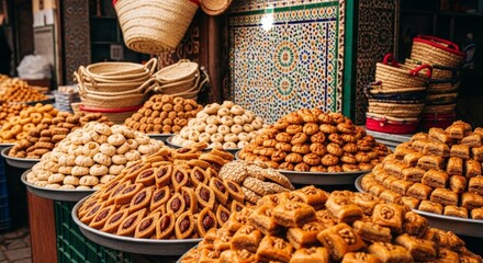 Abundant spread of delicious Arabic sweets and pastries at a vibrant market stall
