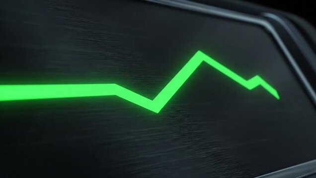 Glowing green line graph displays fluctuating data on a dark digital screen.