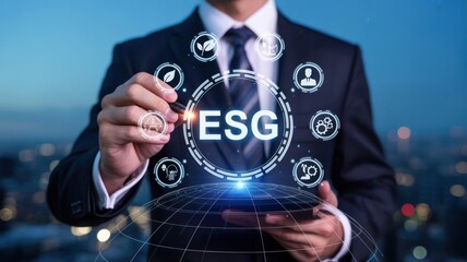 Businessman interacting with a digital display featuring esg principles and icons