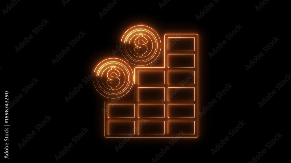 Poster glowing neon style coin stack and business chart icon animation on black background
