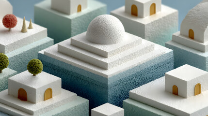 Clean isometric design showcasing geometric white shapes neatly arranged on a soft light blue background