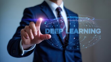Businessman touching screen with holographic deep learning technology and ai data