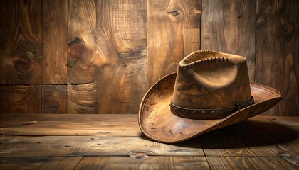 Worn cowboy hat on rustic wooden surface