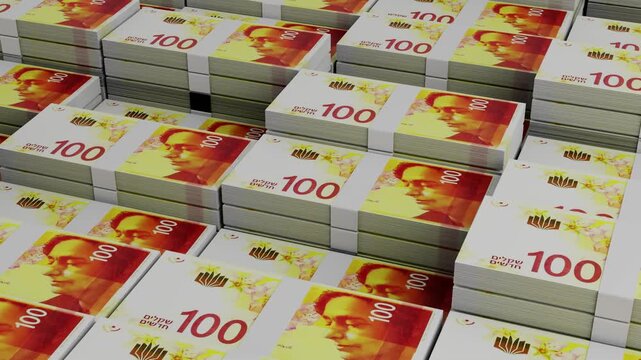 Israel 100 Shekel Banknotes ? Horizontal Version Slow Motion Camera Movement. Realistic 3D Animation of Israeli Shekel Currency Stack in 4K Resolution