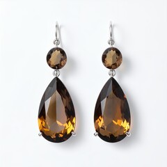Elegant teardrop earrings featuring a warm brown gemstone on a pristine setting on white background