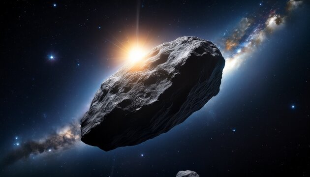 asteroid in deep space a dark asteroid floats in the inky blackness of space a distant star shining brightly in the background