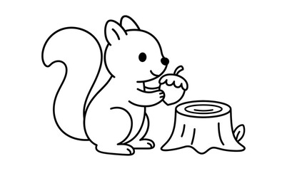 Cute squirrel with acorn and tree stump in simple line art style