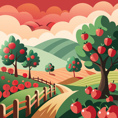Fototapeta premium Vector illustration of a ripe apple orchard in the countryside with rolling hills and a scenic path
