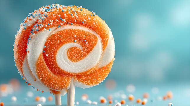 Floating Orange and White Swirled Lollipop with Glitter and Sprinkles on Blue Background