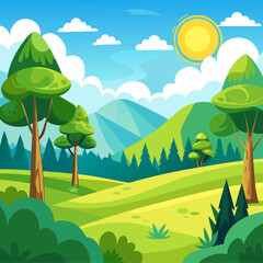 Obraz premium Cheerful vector cartoon forest clearing sunny day lush green landscape scalable illustration