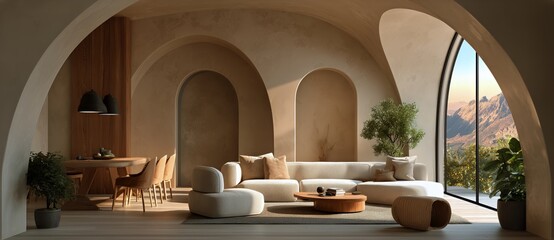 Modern Interior Design Featuring Arched Architecture and Scenic Mountain View in Daylight