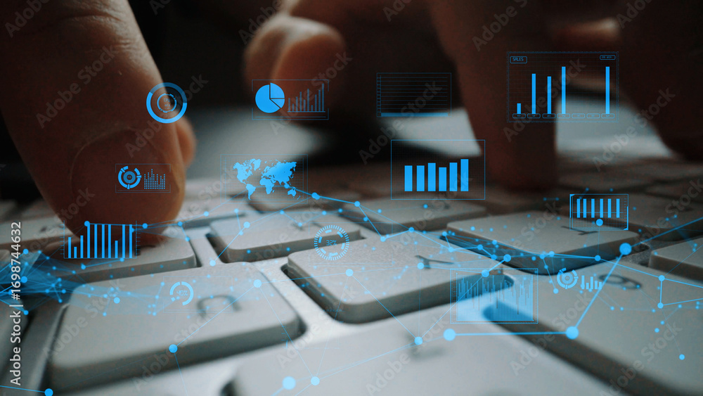 Aufkleber a close-up view of hands typing on a keyboard, overlaid with digital data graphics, illustrating con