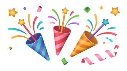 Obraz premium 3D Party confetti with star and serpentine ribbon. Birthday surprise. Festive decoration elements for poster or banner. Cartoon creative design icon isolated on white background. 3D Rendering