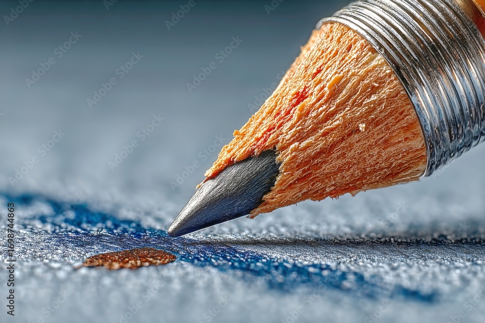 Poster close-up of a sharpened pencil creating a blue line on textured paper in a creative workspace