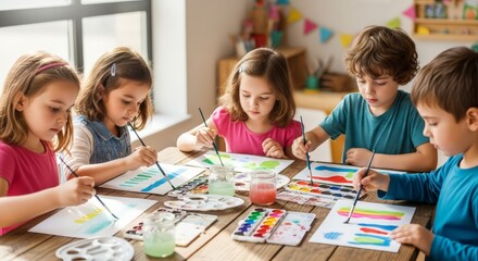 Fototapeta premium Diverse children engaged in vibrant art class painting colorful creations with watercolors and