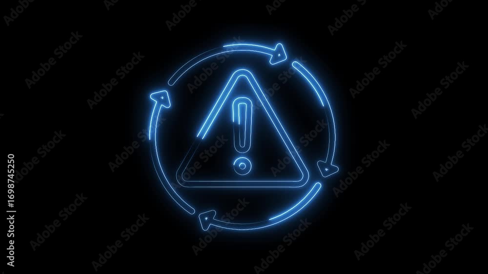 Poster glowing blue neon warning sign with circular arrow loop on black background