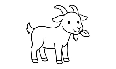 Cute cartoon goat outline eating leaf in simple black and white design