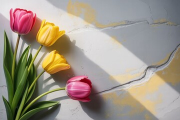 Tulip flat lay with pink and yellow flowers &mdash; ideal for printable greeting cards, floral posters, and romantic spring-themed illustrations