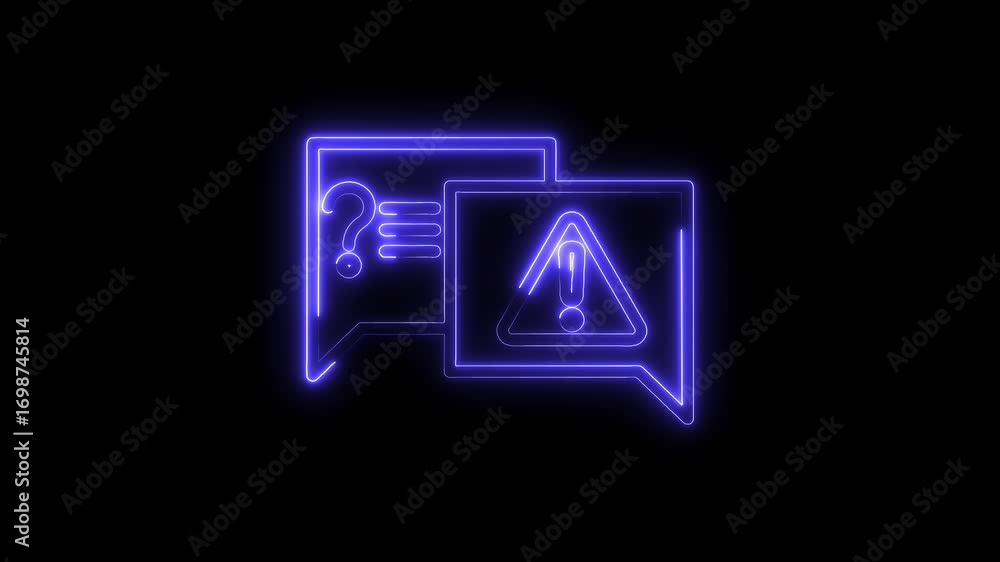 Poster neon cyberpunk style chat bubbles featuring a question and warning symbol animation