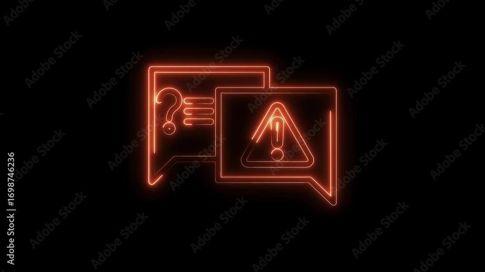 Poster neon glowing speech bubbles question and answer with warning icon animation on black background