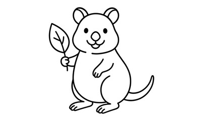 Fototapeta premium Cute cartoon quokka holding leaf line art for kids and coloring pages