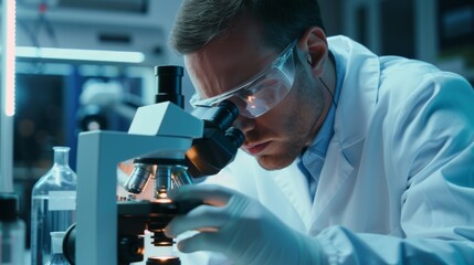 Scientific Precision in the Lab: A focused scientist peering intently into a microscope within a modern laboratory, his face illuminated with concentration.
