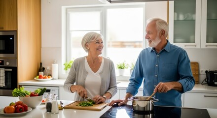 Joyful senior couple happily cooking together in a bright, modern kitchen, enjoying their time