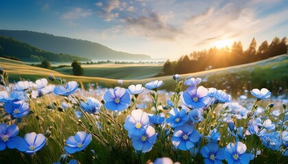 serene field of blue flax flowers under the morning sun a gentle awakening in nature s embrace