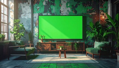 Stylish Loft Living Room with Green Screen TV for Mockup