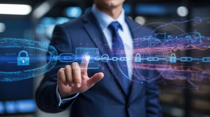 Businessman interacting with digital security network and padlock icon displayed