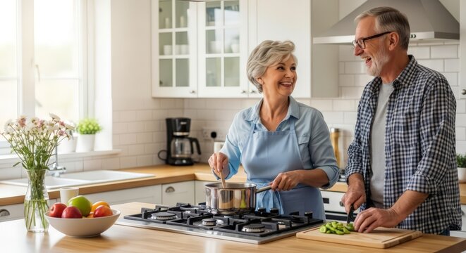 Joyful senior couple happily cooking together in bright, modern kitchen, embracing life's simple - Powered by Adobe
