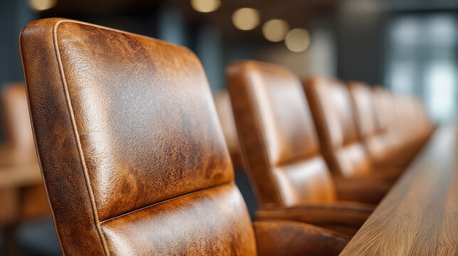 Leather chair office conference brown row seat empty meeting modern Sleek leather chair row quiet conference room, warm brown tone and soft focus