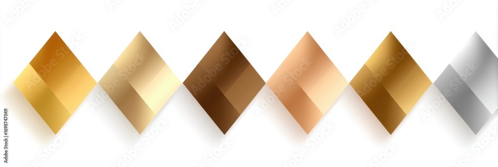 Poster shiny diamond-shaped elements in various colors arranged in a row on a clean white background